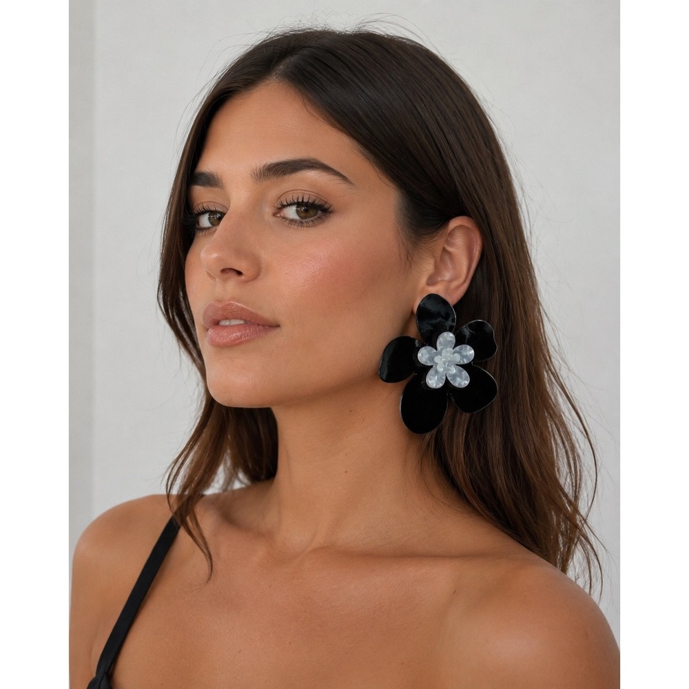 Black & Pearl‎ Floral Statement Earrings  Oversized Acrylic Flower Earrings